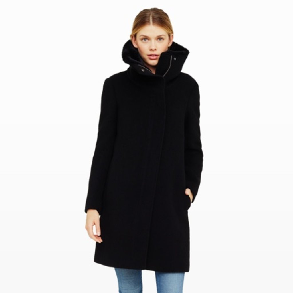 Club Monaco Black Wool Rocio Coat / Jacket, Funnel Neck, Faux Fur Collar 2 Looks